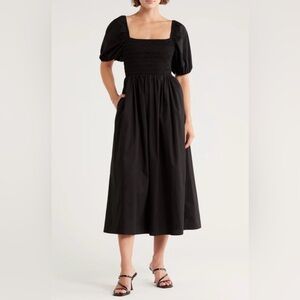 Wayf Black Smocked Square-Neck Midi Dress